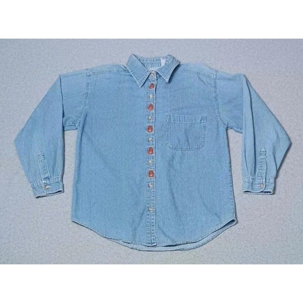 Vintage Andrews Blues Embroidered Button Up Denim Jean Shirt Womens Medium Teddy
